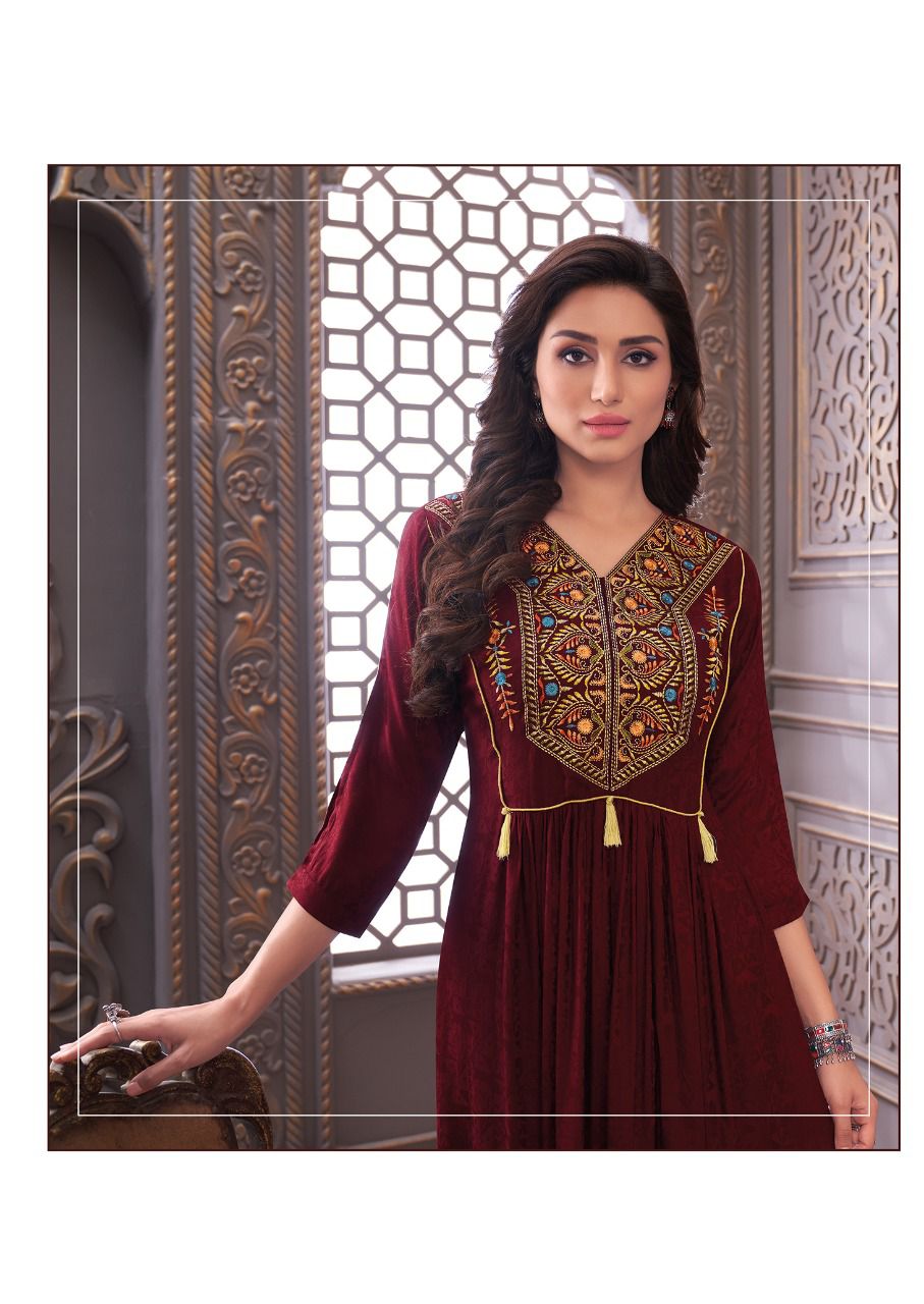 Aarvi Shanaya 4 rayon Designer Fancy Wear Embroidery Kurti Collection